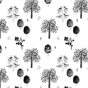 Scandinavian woodland forest fall watercolors illustration trees black and white