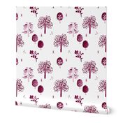 Scandinavian woodland forest fall watercolors illustration trees maroon cherry