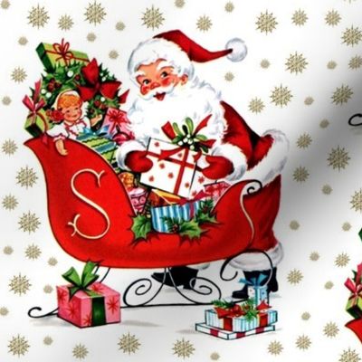 Merry Christmas Santa Claus snowflakes winter sleigh mistletoe wreaths presents gifts dolls toys vintage retro kitsch 