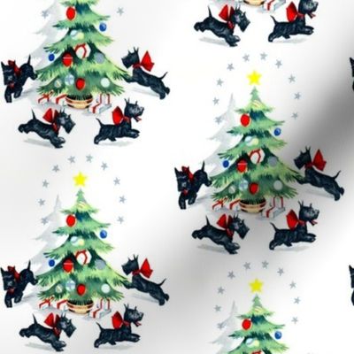 Merry Christmas  trees stars gifts presents baubles bows ribbons running Scottish Terriers Scotland dogs Scottie vintage retro kitsch