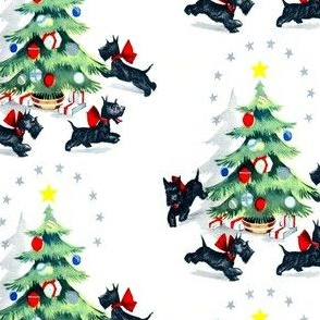 Merry Christmas  trees stars gifts presents baubles bows ribbons running Scottish Terriers Scotland dogs Scottie vintage retro kitsch