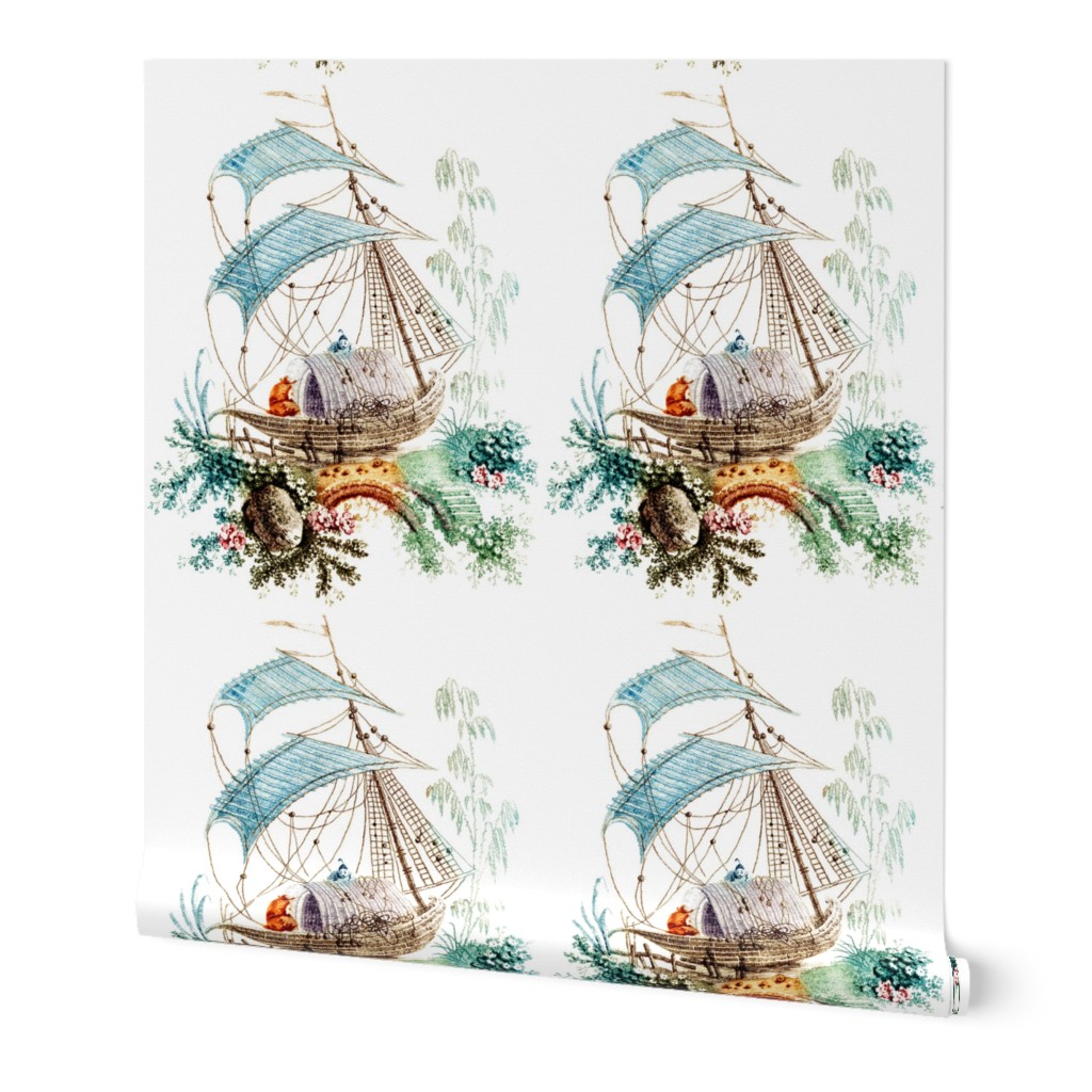 boats chinnoiserie oriental chinese asian flowers floral trees rivers rocks boulders antique vintage retro NAUTICAL TRANSPORTATION boatman lakes