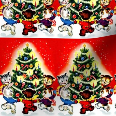 Merry Christmas winter snow trees cats rabbits hares bears dogs baubles ornaments stars candles candy canes gingerbread man dancing streamers vintage retro kitsch animals