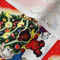 Merry Christmas winter snow trees cats rabbits hares bears dogs baubles ornaments stars candles candy canes gingerbread man dancing streamers vintage retro kitsch animals