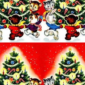 Merry Christmas winter snow trees cats rabbits hares bears dogs baubles ornaments stars candles candy canes gingerbread man dancing streamers vintage retro kitsch animals