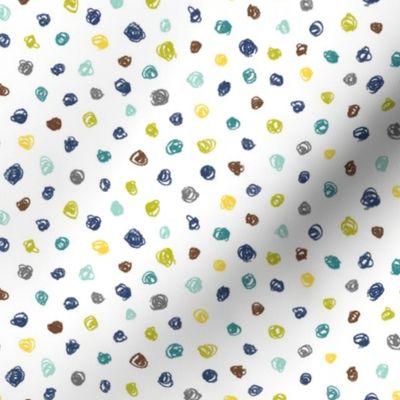 crayon polkadots - navy, grey, brown, teal, wasabi and yellow