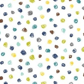 crayon polkadots - navy, grey, brown, teal, wasabi and yellow