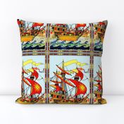 VINTAGE RETRO SHIPS NAUTICAL TRANSPORTATION SEA OCEAN SAILING BOATS WAVES CLOUDS VICTORIAN castles towns houses sun flags england leaves leaf border