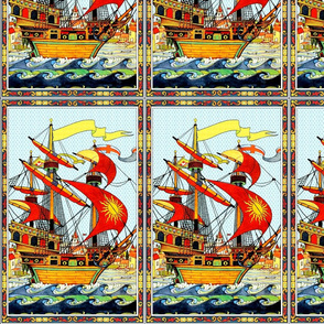VINTAGE RETRO SHIPS NAUTICAL TRANSPORTATION SEA OCEAN SAILING BOATS WAVES CLOUDS VICTORIAN castles towns houses sun flags england leaves leaf border