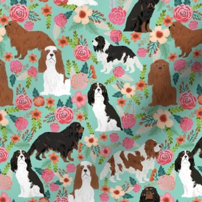 cavalier king charles spaniel fabric florals sweet flowers vintage spring floral fabric mint