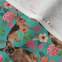 German Shepherd turquoise teal florals flowers cute girls floral vintage painted flowers dog breed fabric german shepherd fabric for dog lovers