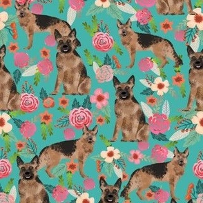 German Shepherd turquoise teal florals flowers cute girls floral vintage painted flowers dog breed fabric german shepherd fabric for dog lovers