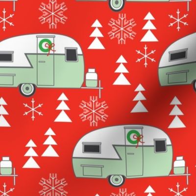 vintage christmas trailers on red