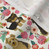 yorkie yorkshire terrier florals off-white cream fabric cute flowers vintage painted floral dog dogs dog breed fabric for yorkie lovers yorkshire terrier dog fabric