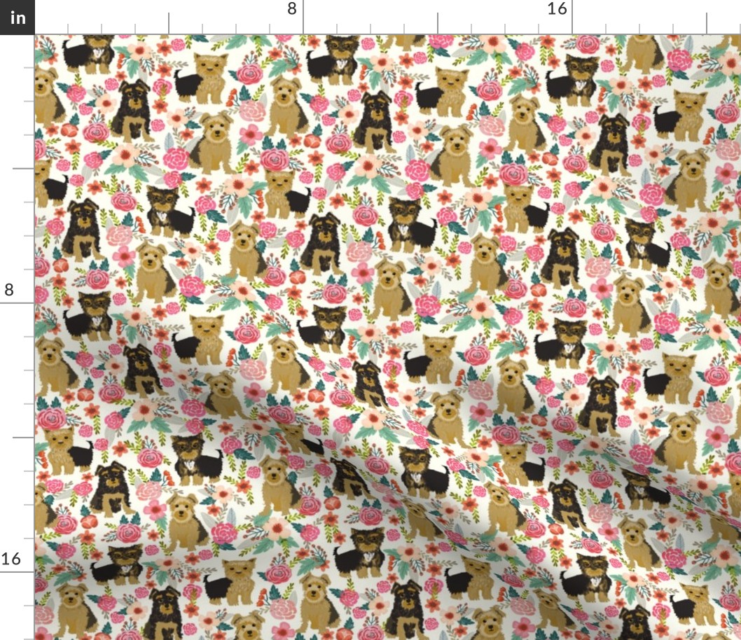 yorkie yorkshire terrier florals off-white cream fabric cute flowers vintage painted floral dog dogs dog breed fabric for yorkie lovers yorkshire terrier dog fabric