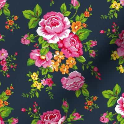 Vintage Floral with Pink Roses on Navy Smaller Size