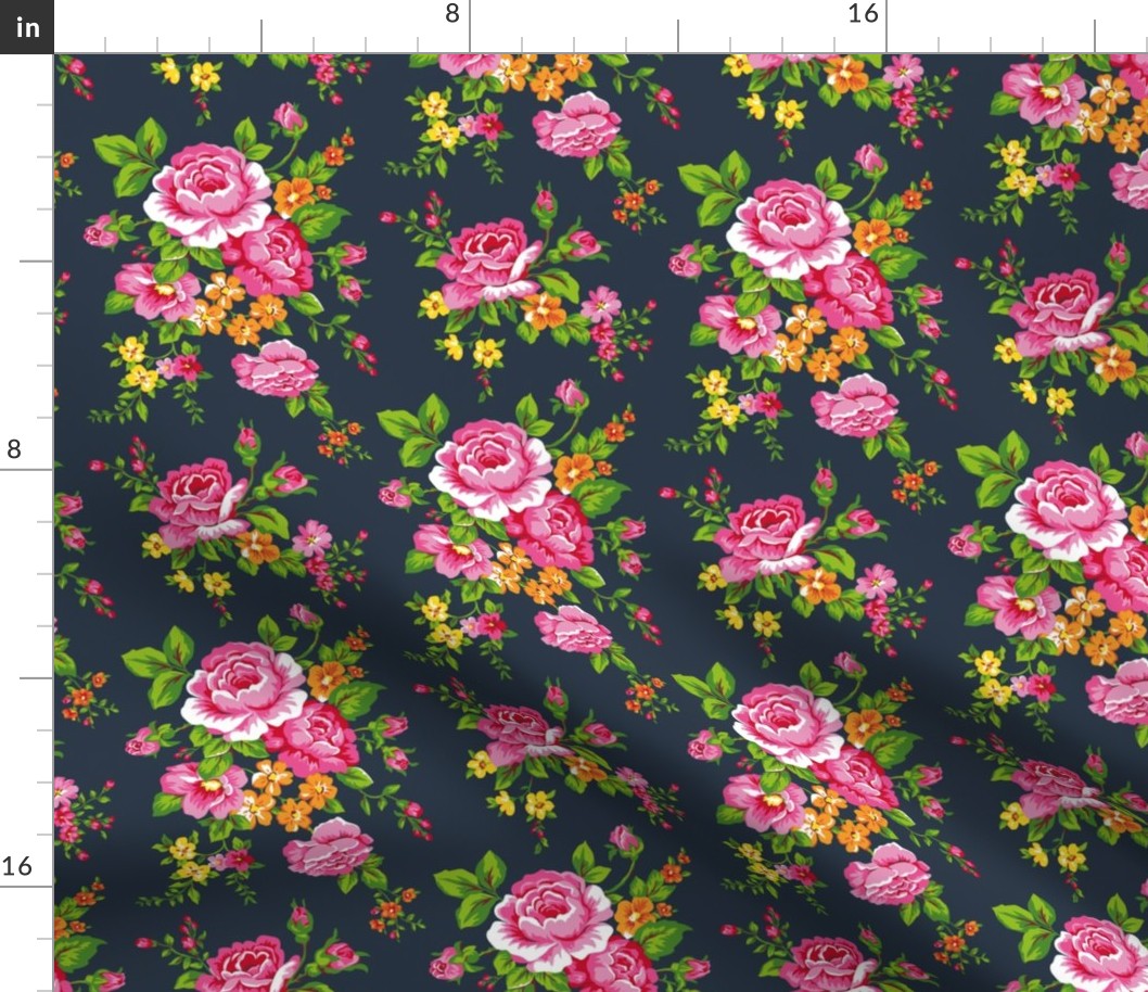 Vintage Floral with Pink Roses on Navy Smaller Size