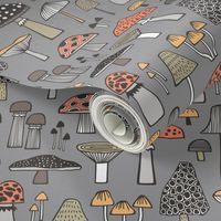 Mushrooms Fall Woodland Forest Doodle on Grey