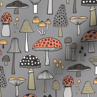 Mushrooms Fall Woodland Forest Doodle on Grey