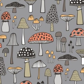 Mushrooms Fall Woodland Forest Doodle on Grey