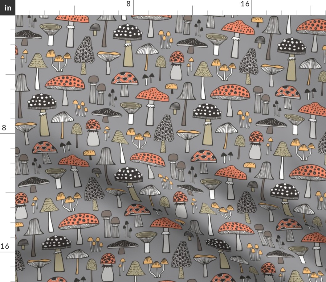 Mushrooms Fall Woodland Forest Doodle on Grey