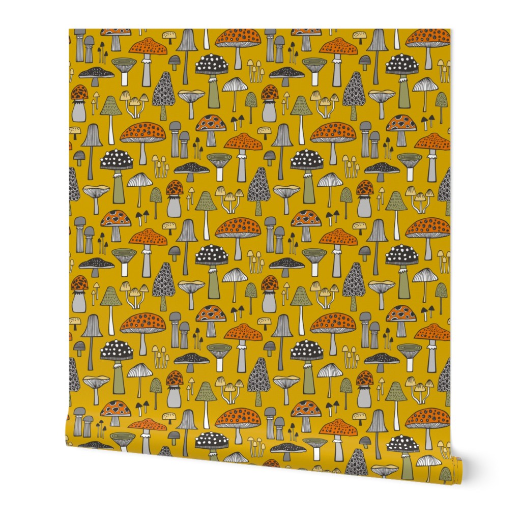 Mushrooms Fall Woodland Forest Doodle on Yellow