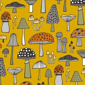 Mushrooms Fall Woodland Forest Doodle on Yellow