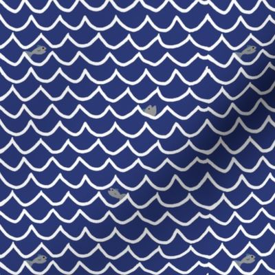 Wave Lines with Fish - Navy