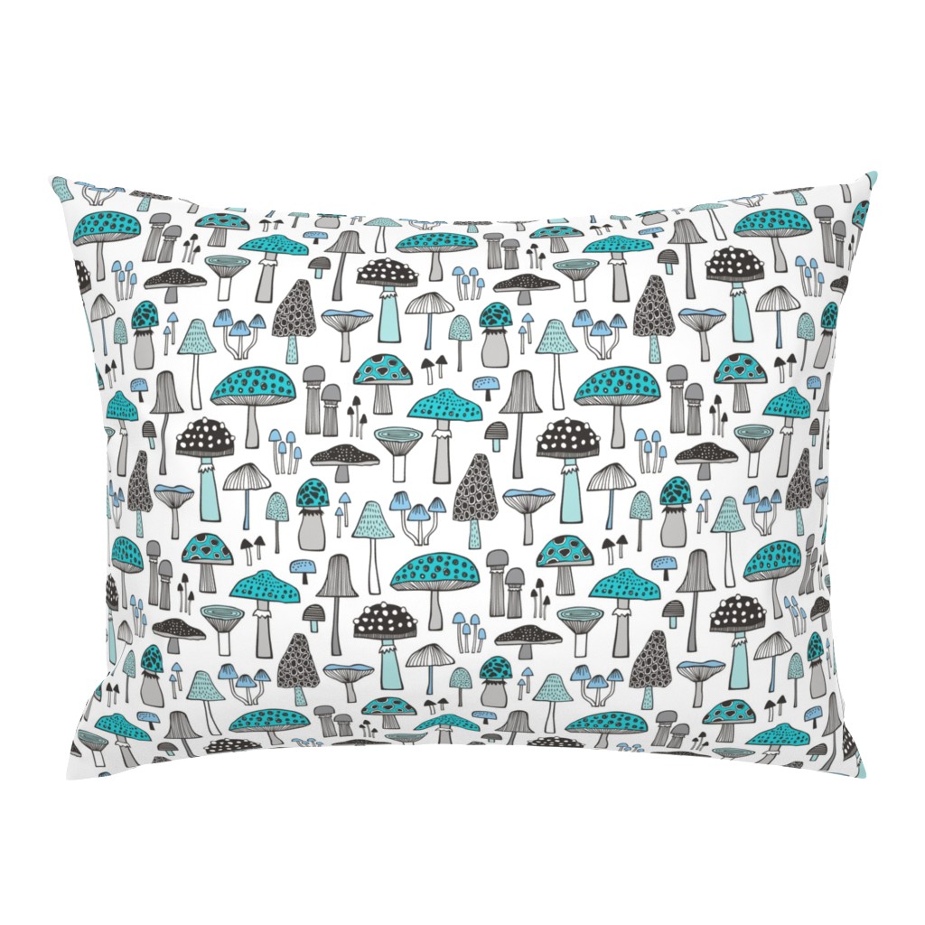 Mushrooms Fall Woodland Forest Doodle Black & White Aqua Blue