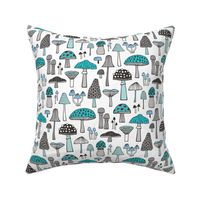 Mushrooms Fall Woodland Forest Doodle Black & White Aqua Blue