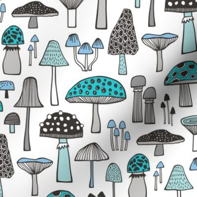 Mushrooms Fall Woodland Forest Doodle Black & White Aqua Blue