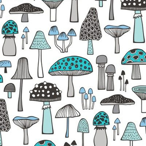 Mushrooms Fall Woodland Forest Doodle Black & White Aqua Blue