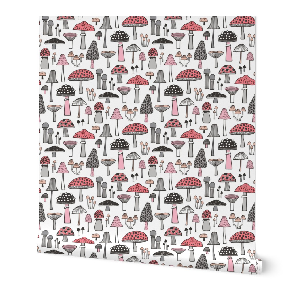 Mushrooms Fall Woodland Forest Doodle Black & White Pink