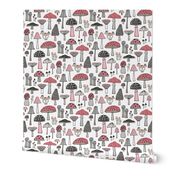 Mushrooms Fall Woodland Forest Doodle Black & White Pink