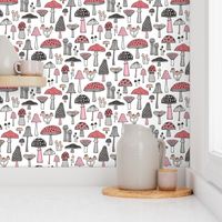 Mushrooms Fall Woodland Forest Doodle Black & White Pink