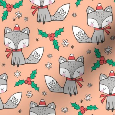 Winter Christmas Xmas Holidays Fox With snowflakes , hats  beanies,scarf  on Peach
