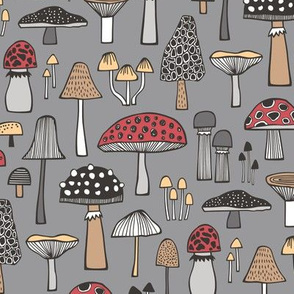 Mushrooms Fall Woodland Forest Doodle Red on Dark Grey
