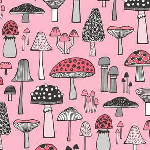 Mushrooms Fall Woodland Forest Doodle in Pink