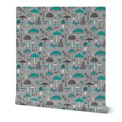 Mushrooms Fall Woodland Forest Doodle Black & White Blue Mint on Grey