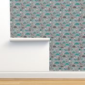 Mushrooms Fall Woodland Forest Doodle Black & White Blue Mint on Grey