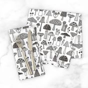 Mushrooms Fall Woodland Forest Doodle Black & White Grey 