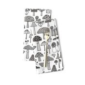 Mushrooms Fall Woodland Forest Doodle Black & White Grey 