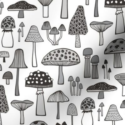 Mushrooms Fall Woodland Forest Doodle Black & White Grey 