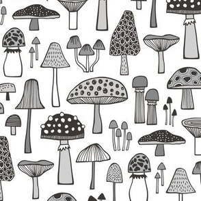 Mushrooms Fall Woodland Forest Doodle Black & White Grey 