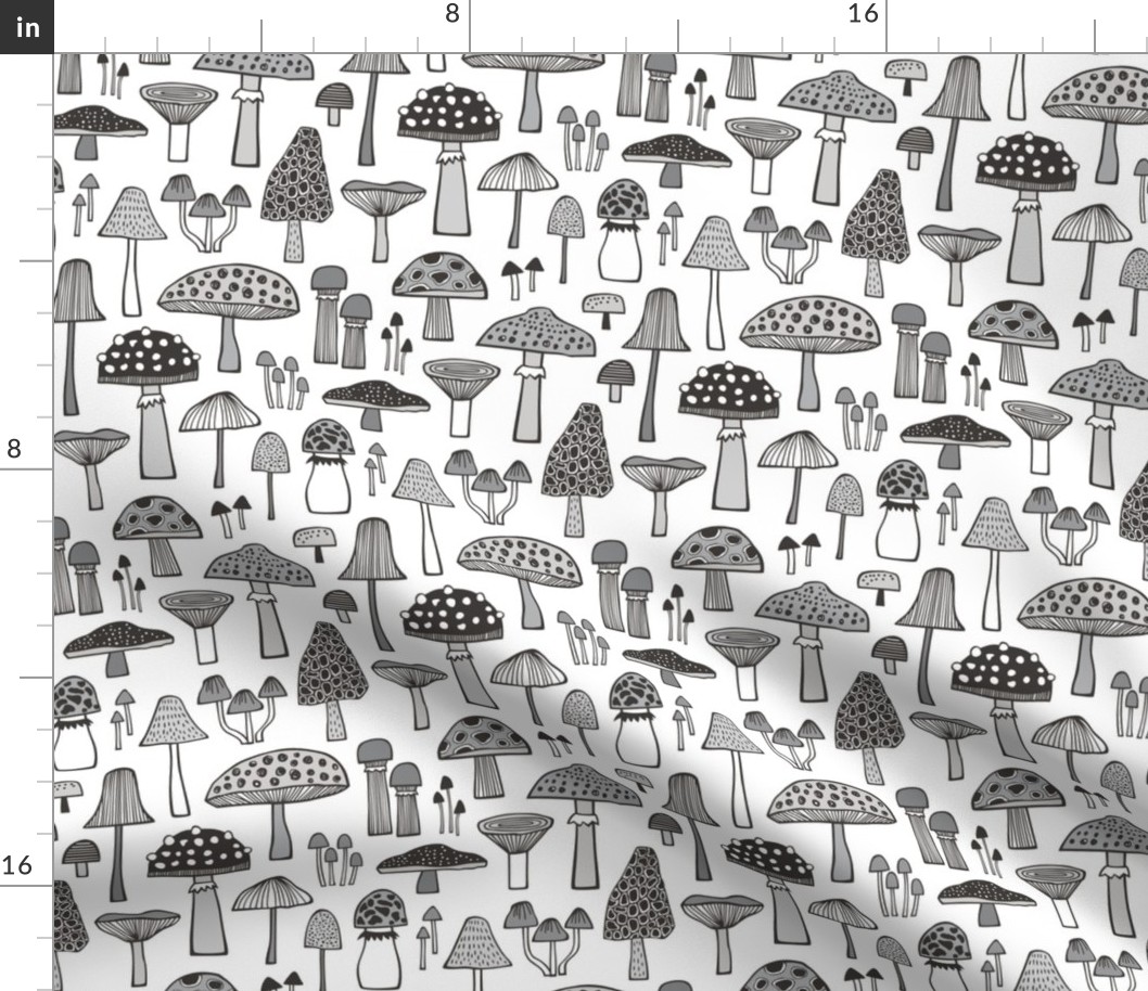 Mushrooms Fall Woodland Forest Doodle Black & White Grey 