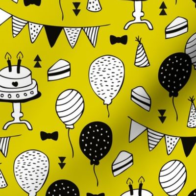 Colorful gender neutral birthday celebration party cake balloons and garland design yellow