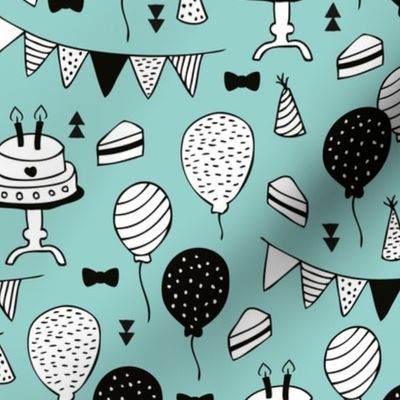 Colorful gender neutral birthday celebration party cake balloons and garland design mint