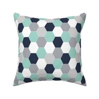 cheater quilt navy blue mint grey hexagon quilt hexie cute boys nursery baby boy woodland northern ridge collection charlotte winter kids scandi fabric