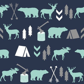 woodland boys design mint grey navy blue bear moose forest arrow kids nursery baby print 