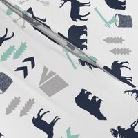 woodland boys design mint grey navy blue bear moose forest arrow kids nursery baby print 